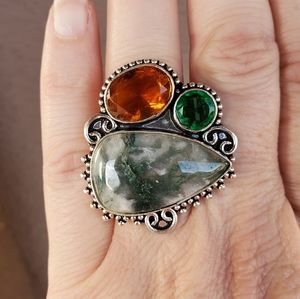 New Huge Moss Agate and Citrine 925 Silver Ring.